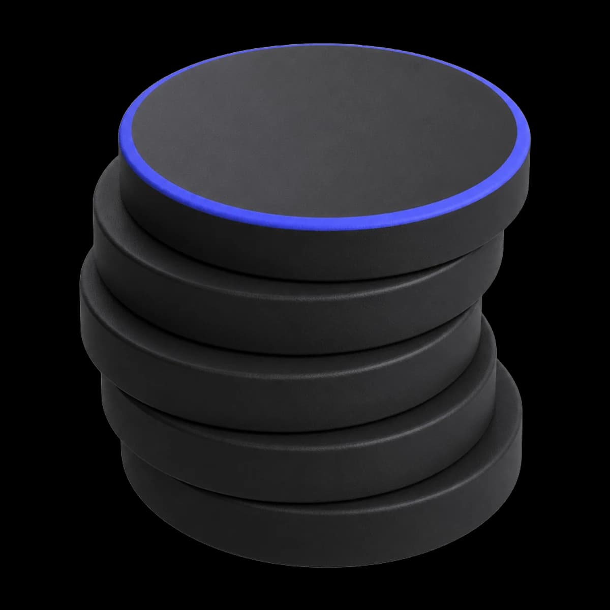 A stack of matte black coins with a single indigo edge